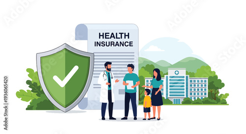 Modern vector illustration of doctor holding shield with medical cross and family silhouette. Healthcare insurance coverage and financial medical protection concept