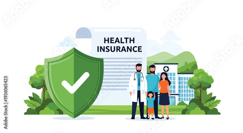 Modern vector illustration of doctor holding shield with medical cross and family silhouette. Healthcare insurance coverage and financial medical protection concept