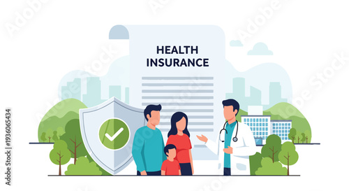 Modern vector illustration of doctor holding shield with medical cross and family silhouette. Healthcare insurance coverage and financial medical protection concept