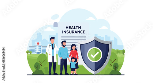 Modern vector illustration of doctor holding shield with medical cross and family silhouette. Healthcare insurance coverage and financial medical protection concept