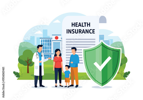 Modern vector illustration of doctor holding shield with medical cross and family silhouette. Healthcare insurance coverage and financial medical protection concept