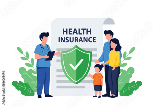 Modern vector illustration of doctor holding shield with medical cross and family silhouette. Healthcare insurance coverage and financial medical protection concept