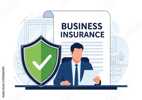 Flat vector illustration of business insurance concept with professional agent reviewing documents and green shield protection symbol, corporate risk management and financial security design