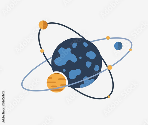 Artistic illustration of planets and orbits resembling a solar system model.