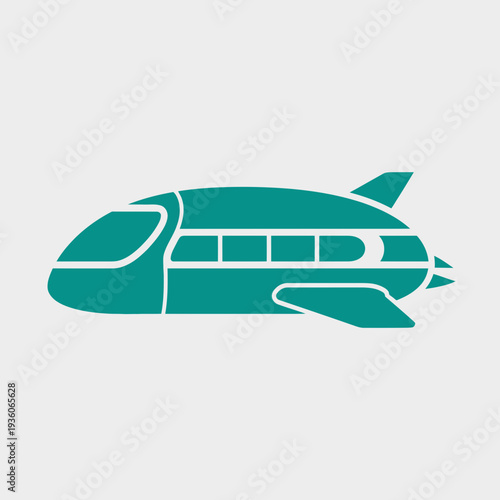 Stylized graphic of a spaceship or futuristic aircraft in teal color.