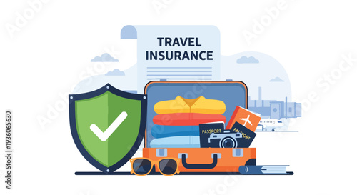 Modern vector illustration of suitcase protected by shield icon representing travel insurance coverage. Vacation risk management and journey safety concept