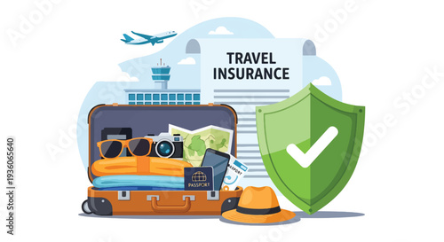 Modern vector illustration of suitcase protected by shield icon representing travel insurance coverage. Vacation risk management and journey safety concept