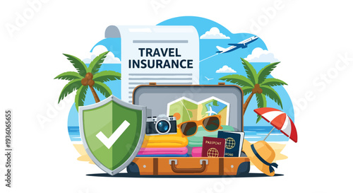 Modern vector illustration of suitcase protected by shield icon representing travel insurance coverage. Vacation risk management and journey safety concept