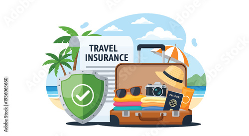 Modern vector illustration of suitcase protected by shield icon representing travel insurance coverage. Vacation risk management and journey safety concept