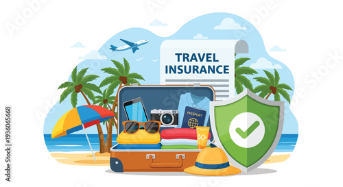 Modern vector illustration of suitcase protected by shield icon representing travel insurance coverage. Vacation risk management and journey safety concept