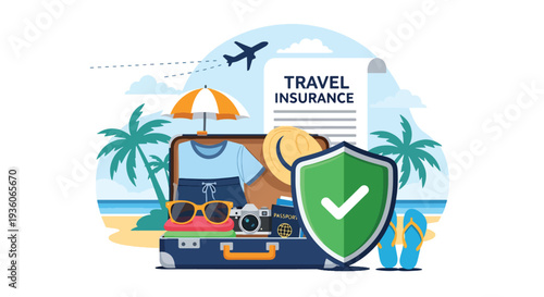 Modern vector illustration of suitcase protected by shield icon representing travel insurance coverage. Vacation risk management and journey safety concept