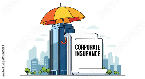 Flat vector illustration of corporate insurance concept with office building protected by red umbrella, business risk coverage, property protection and financial security strategy design