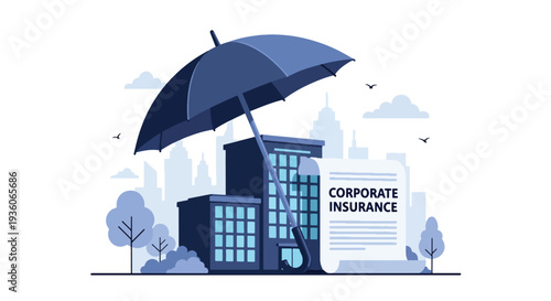 Flat vector illustration of corporate insurance concept with office building protected by red umbrella, business risk coverage, property protection and financial security strategy design