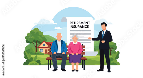 Modern vector illustration of elderly couple discussing retirement insurance plan with advisor. Long term financial security and pension protection concept