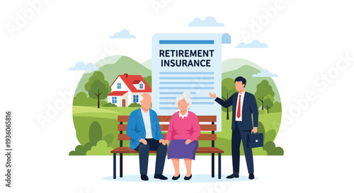 Modern vector illustration of elderly couple discussing retirement insurance plan with advisor. Long term financial security and pension protection concept
