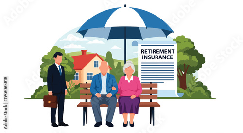 Modern vector illustration of elderly couple discussing retirement insurance plan with advisor. Long term financial security and pension protection concept