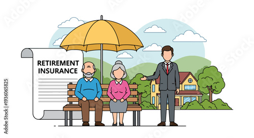Modern vector illustration of elderly couple discussing retirement insurance plan with advisor. Long term financial security and pension protection concept