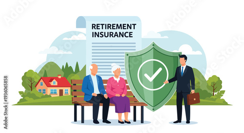 Modern vector illustration of elderly couple discussing retirement insurance plan with advisor. Long term financial security and pension protection concept