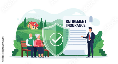 Modern vector illustration of elderly couple discussing retirement insurance plan with advisor. Long term financial security and pension protection concept