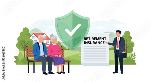 Modern vector illustration of elderly couple discussing retirement insurance plan with advisor. Long term financial security and pension protection concept