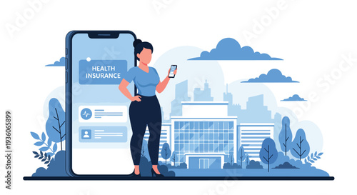 Modern vector illustration of customer paying health insurance premium online via smartphone banking app. Financial transaction and policy payment concept