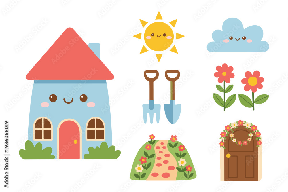 Fototapeta premium Cute House Exterior and Garden Nature Flat Vector Illustration