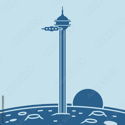 Illustration of a tall tower with a spherical observation deck and antenna.