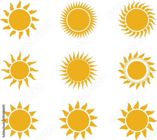 A collection of nine bright yellow sun icons with radiating beams arranged in a grid pattern. Vector