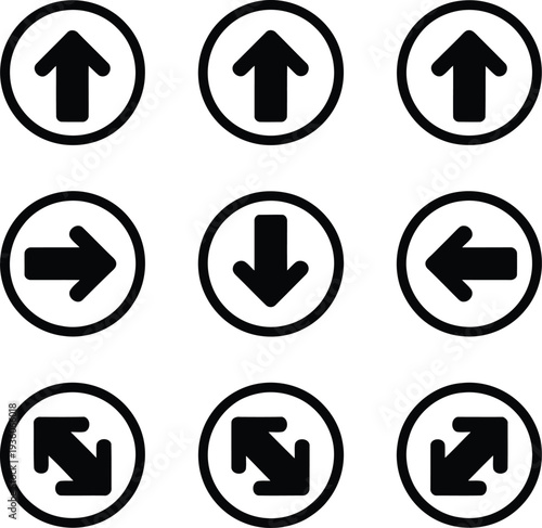 Collection of directional arrows enclosed in circular borders for user interface design Vector