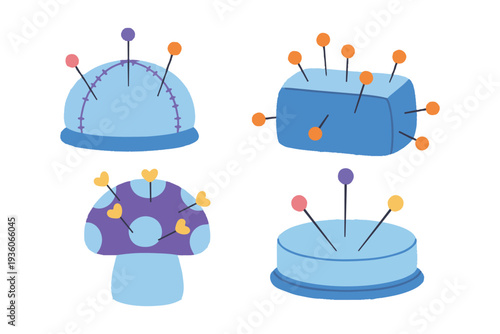 Sewing Pincushions and Tailoring Tools Flat Vector Illustration Set