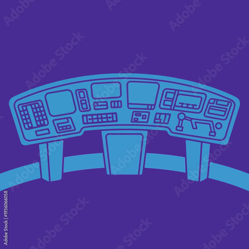 Digital illustration of an aircraft cockpit dashboard with controls and displays.