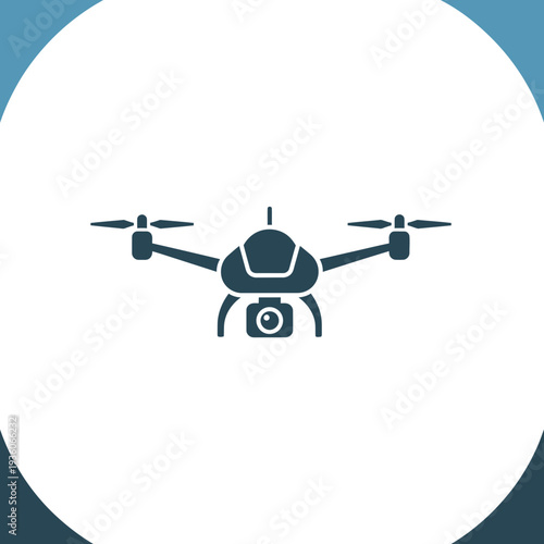 Front view of a drone with four propellers and a camera mounted underneath.