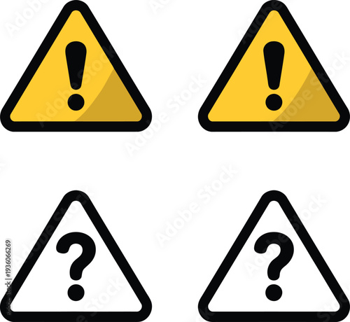 Set of warning and unknown symbols depicted as triangular icons with exclamation and question marks Vector