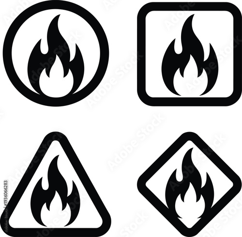 Four different types of fire safety warning symbols with flame icons inside shapes Vector