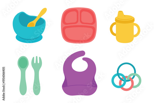 Baby Feeding Supplies and Toddler Mealtime Accessories Vector Set