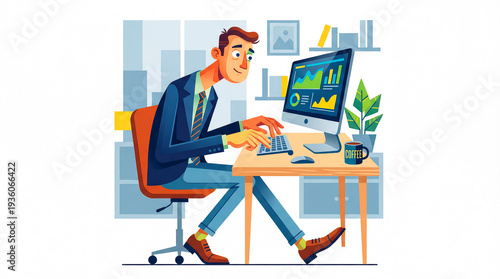 Businessman working on desktop computer analyzing data