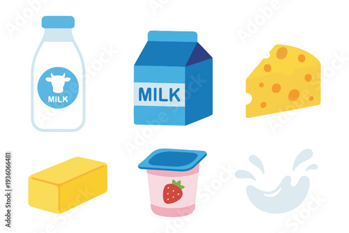 Fresh Dairy Products Milk and Healthy Cheese Illustration Set