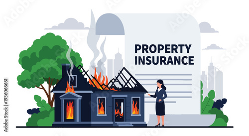 Modern vector illustration of house protected from flames by fire insurance coverage. Property damage protection and disaster risk management concept