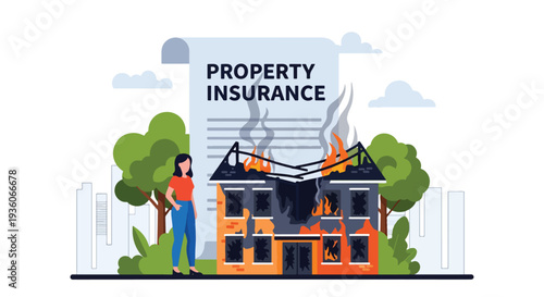 Modern vector illustration of house protected from flames by fire insurance coverage. Property damage protection and disaster risk management concept