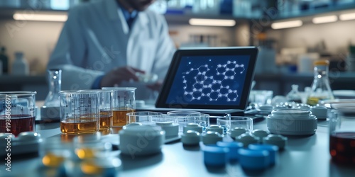Healthcare science concept featuring pharmaceutical pills and herbal samples in laboratory setting for research and drug formulation