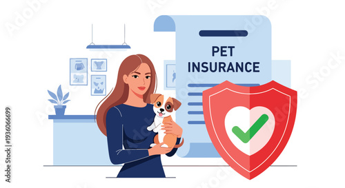 Modern vector illustration of happy dog protected by pet insurance coverage. Veterinary expense protection and animal healthcare concept