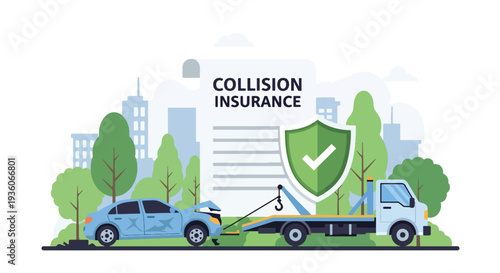 Modern vector illustration of car towing after road accident, represent collision insurance. Vehicle claim support and coverage assistance concept
