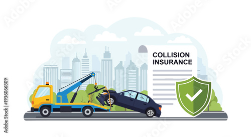Modern vector illustration of car towing after road accident, represent collision insurance. Vehicle claim support and coverage assistance concept