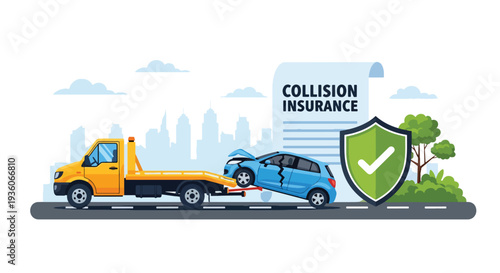 Modern vector illustration of car towing after road accident, represent collision insurance. Vehicle claim support and coverage assistance concept