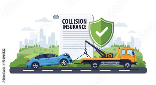 Modern vector illustration of car towing after road accident, represent collision insurance. Vehicle claim support and coverage assistance concept