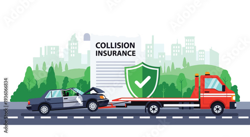 Modern vector illustration of car towing after road accident, represent collision insurance. Vehicle claim support and coverage assistance concept