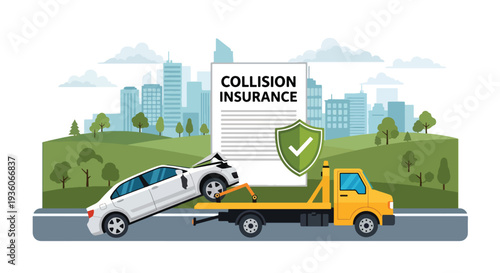 Modern vector illustration of car towing after road accident, represent collision insurance. Vehicle claim support and coverage assistance concept