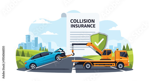 Modern vector illustration of car towing after road accident, represent collision insurance. Vehicle claim support and coverage assistance concept