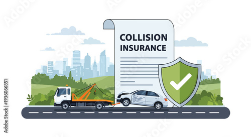 Modern vector illustration of car towing after road accident, represent collision insurance. Vehicle claim support and coverage assistance concept