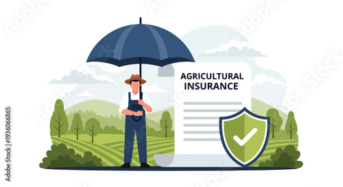 Modern vector illustration of farmer protecting crops under umbrella symbolizing agricultural insurance coverage. Farming risk management concept
